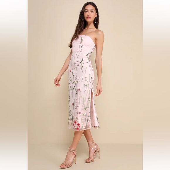 Bold Botanicals Pink Floral Embroidered Strapless Midi Dress - Picture 3 of 7
